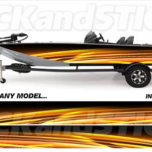 May include: A bass boat on a trailer with a black and orange flame design. The boat has a motor and is labeled "PICKandSTICK". The text "3M ANY MAKE... ANY MODEL..." is visible. A free install kit is included.