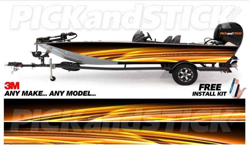 May include: A bass boat on a trailer with a black and orange flame design. The boat has a motor and is labeled "PICKandSTICK". The text "3M ANY MAKE... ANY MODEL..." is visible. A free install kit is included.