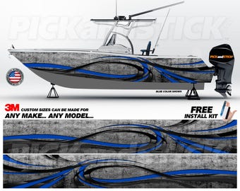 May include: A boat wrap design featuring a gray and black abstract pattern with blue accents. The design is shown on a white boat with a blue color shown. The design is available in custom sizes for any make and model.