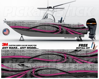 May include: A boat wrap design with a gray and black abstract pattern with pink accents. The design is shown on a boat with a pink color shown. The text "CUSTOM SIZES CAN BE MADE FOR ANY MAKE... ANY MODEL..." is shown below the boat. The text "FREE INSTALL KIT" is shown below the design.