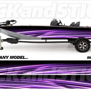 May include: A black and purple bass boat on a trailer, featuring a dynamic purple streak design. The boat has a motor, seats, and a steering wheel. Text on the boat reads "PICKandSTICK". The text "3M ANY MAKE... ANY MODEL..." is also visible.