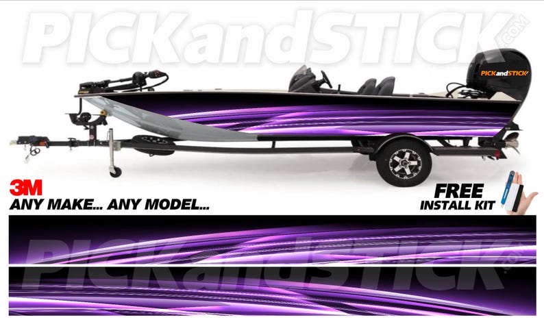 May include: A black and purple bass boat on a trailer, featuring a dynamic purple streak design. The boat has a motor, seats, and a steering wheel. Text on the boat reads "PICKandSTICK". The text "3M ANY MAKE... ANY MODEL..." is also visible.