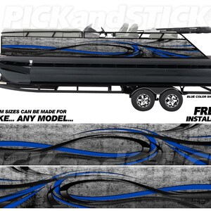 May include: A blue and gray boat wrap with a swirling design. The wrap is shown on a black pontoon boat. The text "PICKandSTICK" is visible in the top left corner of the image. The text "CUSTOM SIZES CAN BE MADE FOR ANY MAKE... ANY MODEL..." is visible in the bottom left corner of the image. The text "BLUE COLOR SHOWN" is visible in the top right corner of the image. The text "FREE INSTALL KIT" is visible in the bottom right corner of the image.