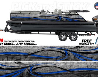 May include: A blue and gray boat wrap with a swirling design. The wrap is shown on a black pontoon boat. The text "PICKandSTICK" is visible in the top left corner of the image. The text "CUSTOM SIZES CAN BE MADE FOR ANY MAKE... ANY MODEL..." is visible in the bottom left corner of the image. The text "BLUE COLOR SHOWN" is visible in the top right corner of the image. The text "FREE INSTALL KIT" is visible in the bottom right corner of the image.