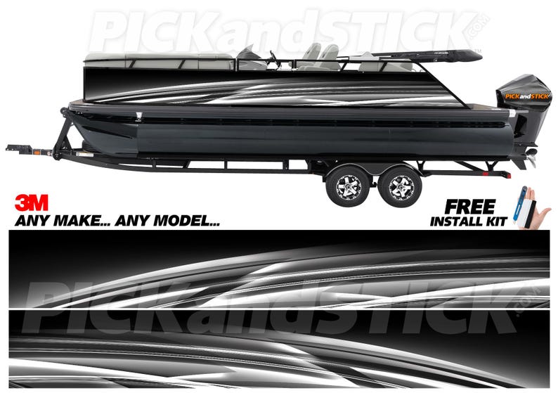 Op de afbeelding: Zwarte pontonboot op een aanhanger, met een zwart-wit ontwerp. De boot heeft een motor en zitplaatsen. De tekst "ANY MAKE... ANY MODEL..." is zichtbaar. De afbeelding bevat ook de tekst "FREE INSTALL KIT".