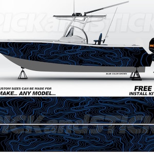 May include: A blue and black boat wrap with a topographic design. The wrap is made of 3M vinyl and is custom-sized for any make and model of boat. The wrap comes with a free installation kit.