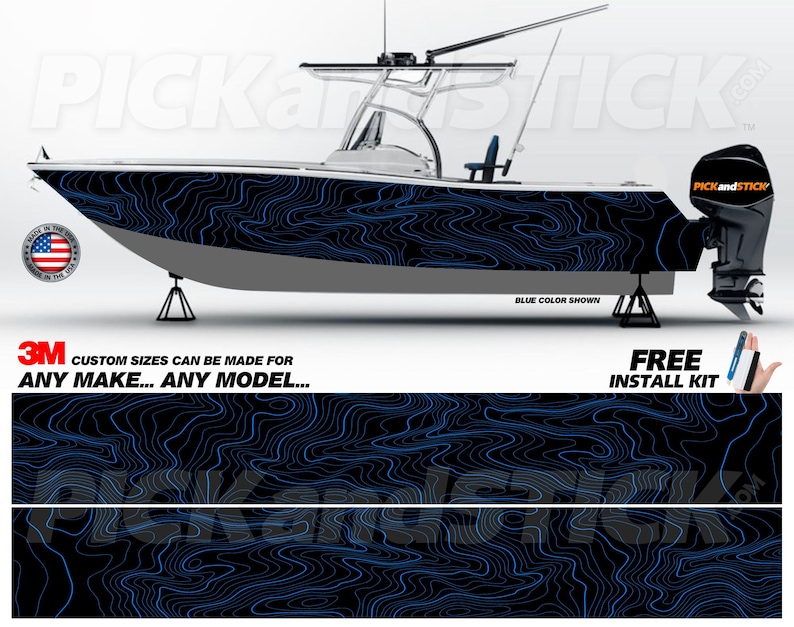May include: A blue and black boat wrap with a topographic design. The wrap is made of 3M vinyl and is custom-sized for any make and model of boat. The wrap comes with a free installation kit.