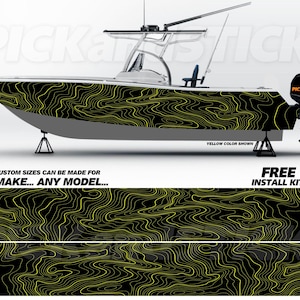 May include: A black and yellow boat wrap with a topographic pattern. The wrap is shown on a white boat with a yellow color shown. The text "CUSTOM SIZES CAN BE MADE FOR ANY MAKE... ANY MODEL..." is shown below the boat. The text "FREE INSTALL KIT" is shown below the wrap.