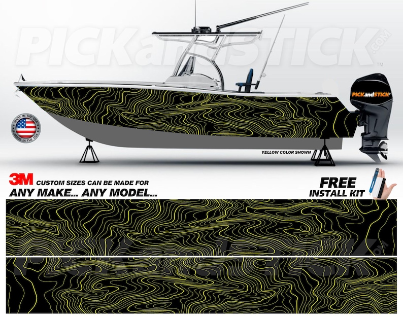 May include: A black and yellow boat wrap with a topographic pattern. The wrap is shown on a white boat with a yellow color shown. The text "CUSTOM SIZES CAN BE MADE FOR ANY MAKE... ANY MODEL..." is shown below the boat. The text "FREE INSTALL KIT" is shown below the wrap.