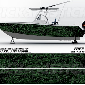 May include: A green and black boat wrap with a topographic design. The wrap is shown on a white boat with a gray hull. The wrap is made with 3M vinyl and includes a free install kit.