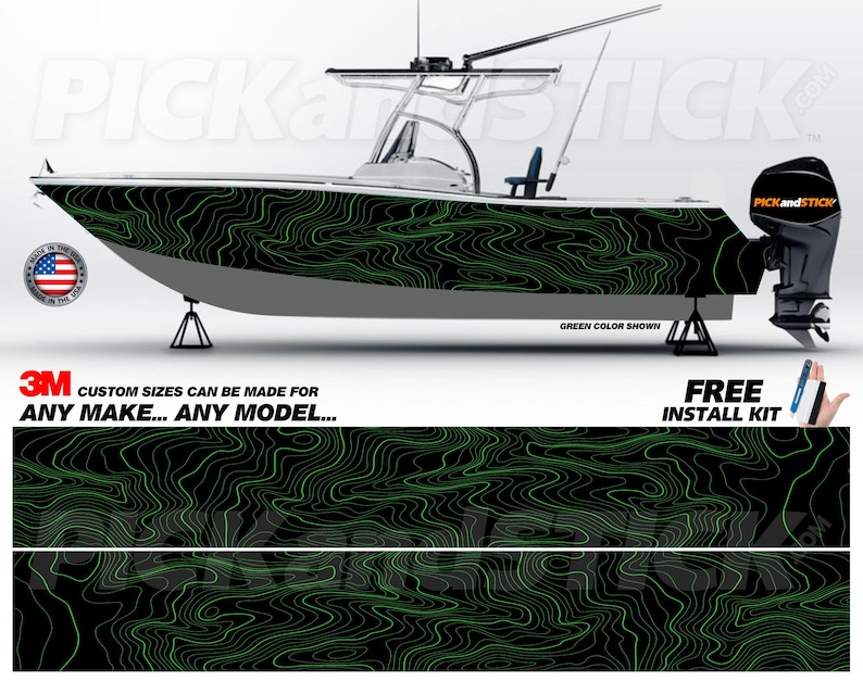 May include: A green and black boat wrap with a topographic design. The wrap is shown on a white boat with a gray hull. The wrap is made with 3M vinyl and includes a free install kit.
