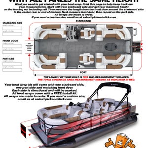 Op de afbeelding: Ponton meetgids met diagrammen en instructies voor het meten van bootpanelen. Bevat tekst: "Pick and Stick" en "Any Make... Any Model..."