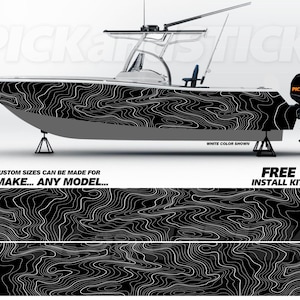 May include: A black and white boat wrap with a topographic pattern. The wrap is shown on a white boat with a gray hull. The text "CUSTOM SIZES CAN BE MADE FOR ANY MAKE... ANY MODEL..." is shown below the boat. The text "FREE INSTALL KIT" is shown in the lower right corner of the image.