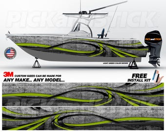 May include: A boat wrap design with black and green abstract swirls on a gray background. The design is shown on a boat with a light green color. The text "PICKandSTICKY" is visible on the boat. The text "CUSTOM SIZES CAN BE MADE FOR ANY MAKE... ANY MODEL..." is visible below the boat. The text "FREE INSTALL KIT" is visible in the lower right corner of the image.