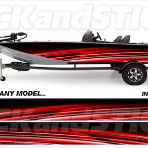 May include: A red and black bass boat on a trailer. The boat has a silver hull and a black motor. The image includes the text "PICKandSTICK" and "3M ANY MAKE... ANY MODEL..." and "FREE INSTALL KIT".