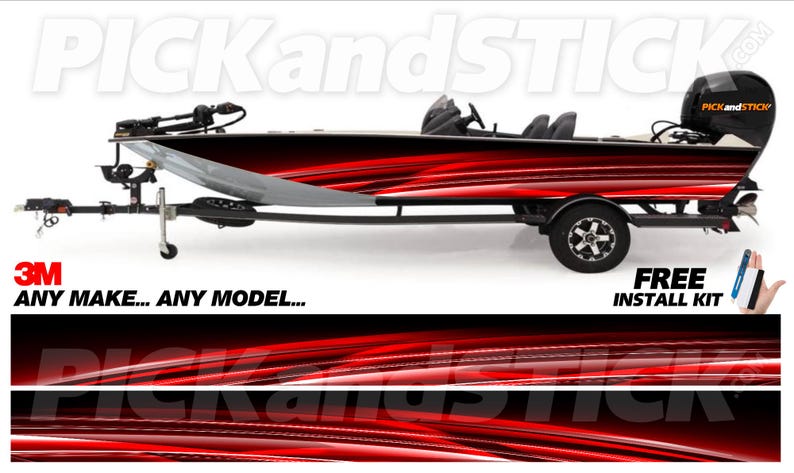May include: A red and black bass boat on a trailer. The boat has a silver hull and a black motor. The image includes the text "PICKandSTICK" and "3M ANY MAKE... ANY MODEL..." and "FREE INSTALL KIT".