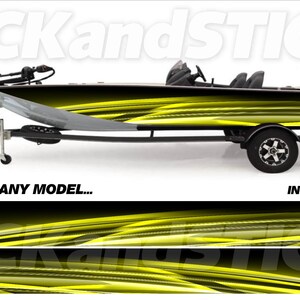 May include: A black and yellow bass boat on a trailer. The boat has a sleek design with a yellow and black abstract pattern. The image includes the text "PICK and STICK" and "3M ANY MAKE... ANY MODEL..."