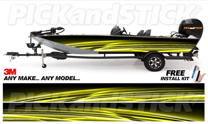 May include: A black and yellow bass boat on a trailer. The boat has a sleek design with a yellow and black abstract pattern. The image includes the text "PICK and STICK" and "3M ANY MAKE... ANY MODEL..."