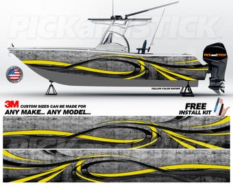 May include: A boat wrap design with a gray, black, and yellow abstract pattern. The design features a series of curved lines and circles. The text "CUSTOM SIZES CAN BE MADE FOR ANY MAKE... ANY MODEL..." is visible at the bottom of the image. The text "FREE INSTALL KIT" is visible at the bottom right of the image.