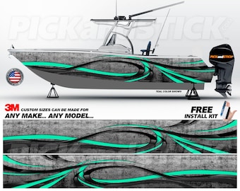 May include: A teal, black, and gray boat wrap design with a distressed look. The design features a series of curved lines and swirls. The wrap is shown on a white boat with a teal color shown. The text "CUSTOM SIZES CAN BE MADE FOR ANY MAKE... ANY MODEL..." is shown below the boat. The text "FREE INSTALL KIT" is shown below the wrap design.