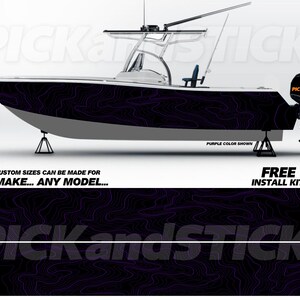 May include: A boat wrap design with a black background and purple lines. The design is called "Contour" and is available in custom sizes. The image shows a boat with the wrap applied, and a free install kit is included.