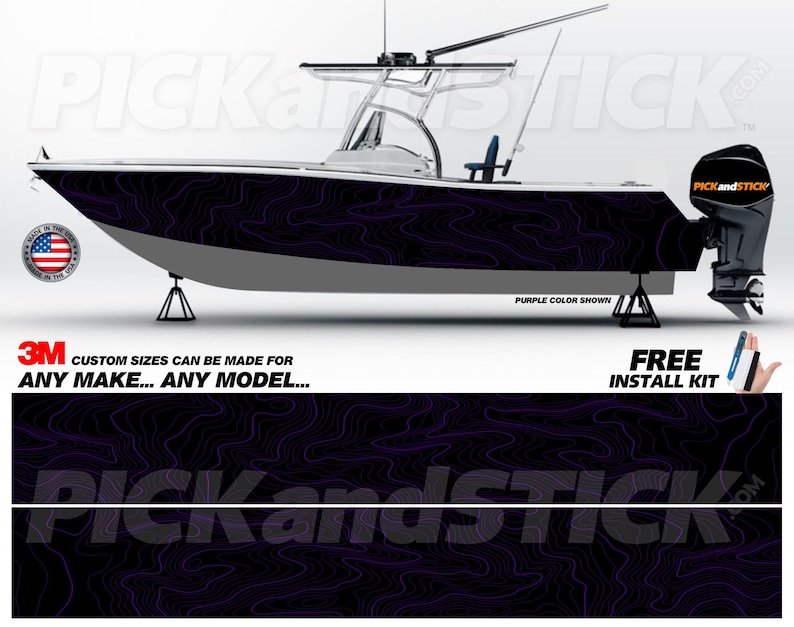 May include: A boat wrap design with a black background and purple lines. The design is called "Contour" and is available in custom sizes. The image shows a boat with the wrap applied, and a free install kit is included.