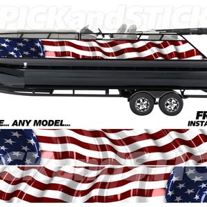 May include: A black pontoon boat with a red, white, and blue American flag wrap. The boat is on a trailer with two wheels. The text "3M ANY MAKE... ANY MODEL..." is on the bottom left of the image. The text "FREE INSTALL KIT" is on the bottom right of the image.