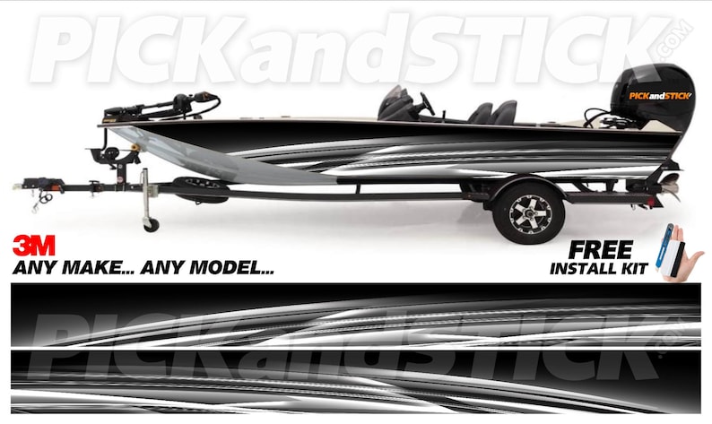 May include: A black and silver fishing boat on a trailer. The boat has a sleek design with a motor and seating. The image includes the text "PICKandSTICK" and "3M ANY MAKE... ANY MODEL..." and "FREE INSTALL KIT".