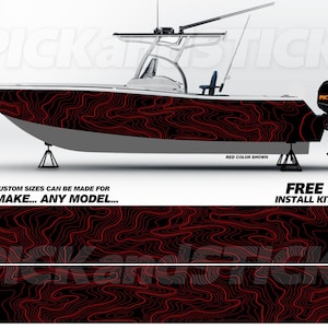 May include: A red and black boat wrap with a topographic pattern. The wrap is made of 3M vinyl and includes a free installation kit. Custom sizes can be made for any make or model.