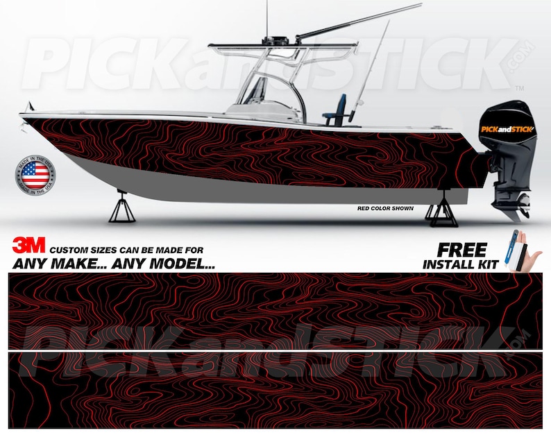 May include: A red and black boat wrap with a topographic pattern. The wrap is made of 3M vinyl and includes a free installation kit. Custom sizes can be made for any make or model.