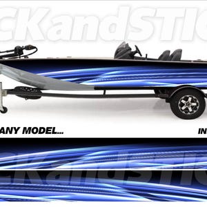 May include: A fishing boat on a trailer with a blue and black design. The boat has a motor and is labeled "PICKandSTICK". The text "3M ANY MAKE... ANY MODEL..." and "FREE INSTALL KIT" are also visible.