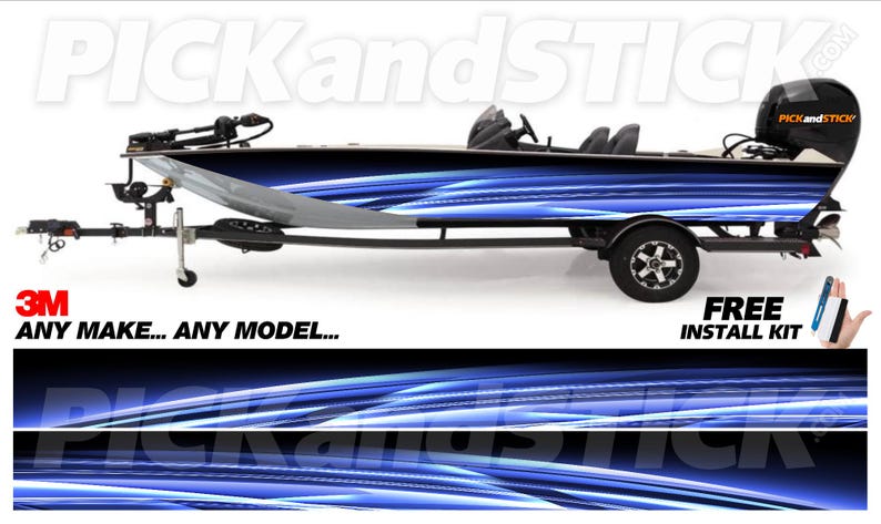 May include: A fishing boat on a trailer with a blue and black design. The boat has a motor and is labeled "PICKandSTICK". The text "3M ANY MAKE... ANY MODEL..." and "FREE INSTALL KIT" are also visible.