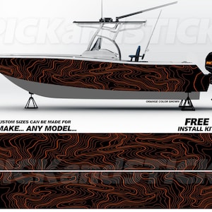 May include: A black and orange boat wrap with a topographic design. The wrap is made of 3M vinyl and is available in custom sizes. The image also includes the text "PICKandSTICKY" and "FREE INSTALL KIT".