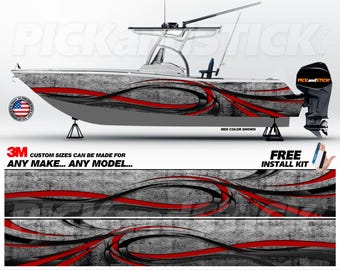 May include: A boat wrap design with a gray and black abstract pattern with red accents. The design is shown on a gray boat with a red color shown. The text "CUSTOM SIZES CAN BE MADE FOR ANY MAKE... ANY MODEL..." is shown below the boat. The text "FREE INSTALL KIT" is shown in the bottom right corner of the image.