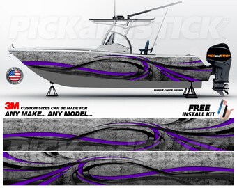 May include: A boat wrap design featuring a gray and black abstract pattern with purple accents. The design is shown on a gray boat with a purple color shown. The text "CUSTOM SIZES CAN BE MADE FOR ANY MAKE... ANY MODEL..." is shown below the boat. The text "FREE INSTALL KIT" is shown in the bottom right corner of the image.