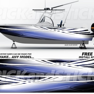 May include: A blue and white boat with a black motor. The boat has a white top and a blue and white design on the side. The text "PICKandSTICK" is visible on the motor. The text "BLUE COLOR SHOWN" is also visible.