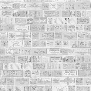 May include: A repeating pattern of vintage-style tickets in shades of gray and white. The tickets feature various fonts, numbers, and text, including "ACLAND STREET" and "PORT FAIRY". The design evokes a sense of nostalgia and travel.