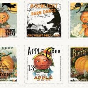 May include: A collage of vintage Halloween-themed images. The images feature pumpkins, a black cat, and text that reads "Trick or Treat," "Corn Maze," and "Pumpkin." The images are in a rustic style with a distressed look.