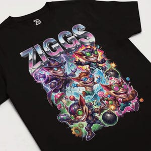 May include: Black t-shirt featuring a colorful graphic of cartoon characters with the word "ZIGGS" in a metallic, cracked font. The graphic includes multiple characters with bombs and other accessories.