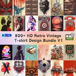 May include: A collage of 16 retro vintage t-shirt designs featuring various themes, including a typewriter, a camera, a telephone, a sunset, a tiger, a video game console, a record player, and a car. The designs are in a variety of colors and styles, and they are all high-resolution.