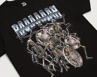 Skeleton Banging Shield Meme T-Shirt, Funny Rattling Bones Graphic Tee, Spooky Gamer Humor Top, Internet Skeleton War, Halloween Joke
