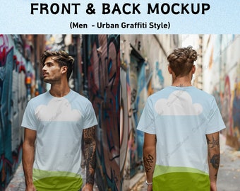 AOP Tshirt Mockup Bundle | Men Front & Back All Over Print | PNG Canva Compatible | Overlay for Print on Demand POD | Urban Graffiti Style
