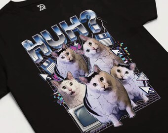 Funny Huh Cat Meme T-Shirt, Confused Staring Feline Tee, Internet Humor Graphic Top, Gen Z Brain Empty Joke, Silly Cat Lover Gift