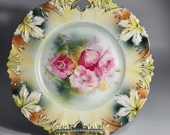 RS Prussia Plate Antique Beautiful Flower Detail Multicolor Gold Trim Porcelain