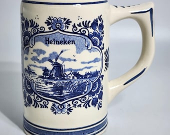 Vintage Heineken Blue White Ceramic Beer Stein With Dutch Windmill Sailboat