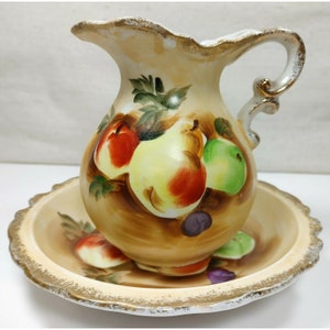 Vintage Ardco Hand Painted Harvest Fruit Gold Trim Pitcher With Bowl C2101