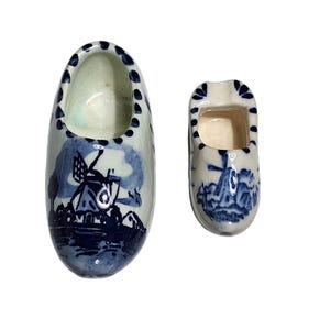 Delft Pottery 2 VTG Blue White Windmill Dutch Clog Shoe De Delftse Pauw Holland