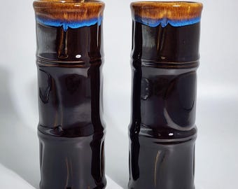 2 Libbey Ceramic Tiki Tall Volcano Drip Bamboo Style Cocktail Tumbler Set VTG