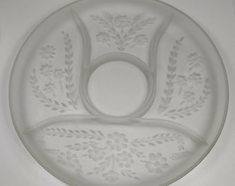 Vintage Large Frosted Glass Carved Flowers & Leaves 4 Slots Tray Serving Platter