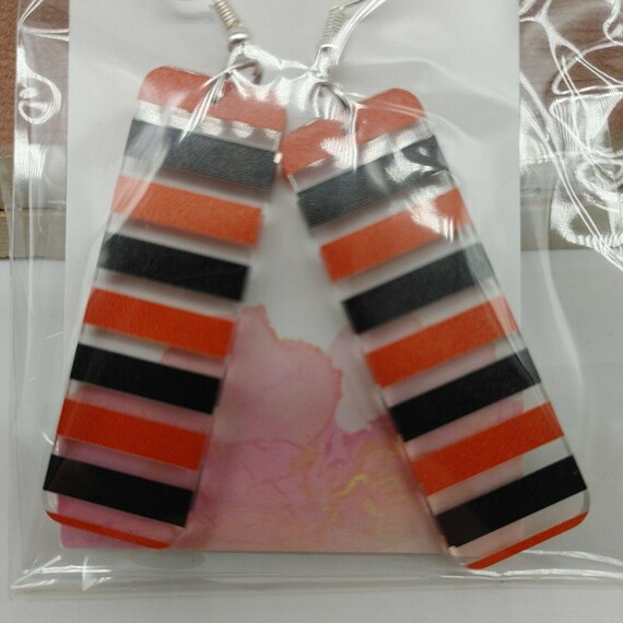 Striped Orange & Black Rectangle Dangle Stud Earr… - image 2
